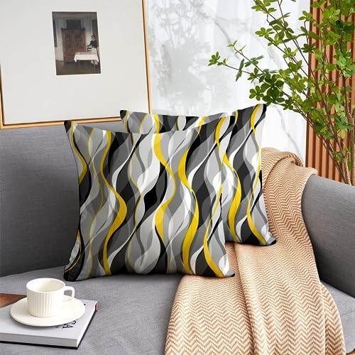 Black and Yellow Grey Throw Pillow Covers Set of 2 Modern Geometric Lines - Bild 2 von 7