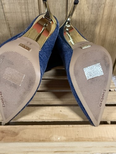 Bebe Mujer Tacones de Aguja Fiesta Botas hasta la Rodilla Azul Jeans Denim Punta Punta Talla 8.5 - Imagen 7 de 8