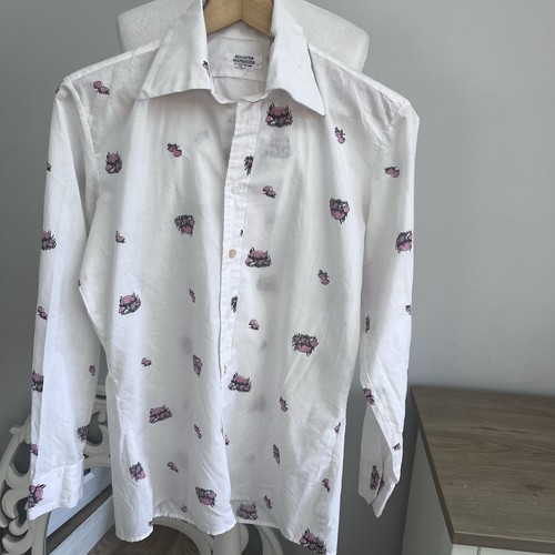 vintage 70s Mushroom Print shirt White Pink Brown Retro 15 1/2 “ - Picture 2 of 15