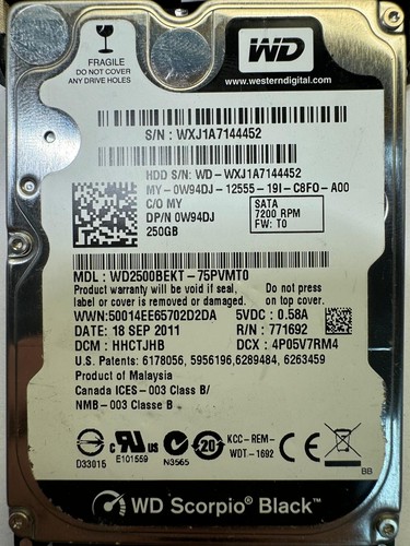 DELL W94DJ WD2500BEKT-75PVMT0 771692 250GB 7.2K RPM 16MB Cache 3Gb/s SATA2.5"HDD - Picture 2 of 5