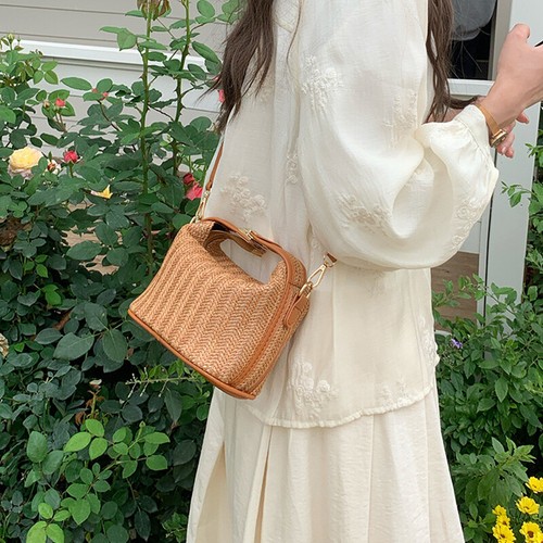 Women Straw Crossbody Bag Small Knitting Bucket Handbag Summer Beach Bags - Picture 11 of 21