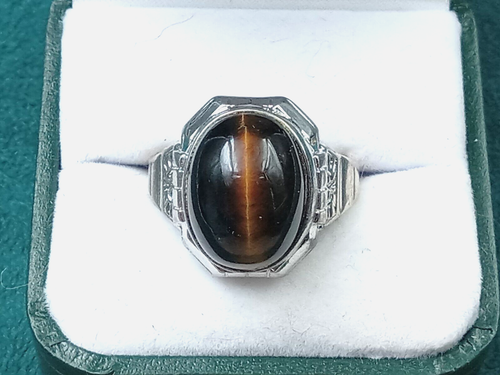 Sterling Silver Men's Ring w Dark Cabochon Tiger's Eye Setting: S 10.5 Hallmark - Afbeelding 1 van 8