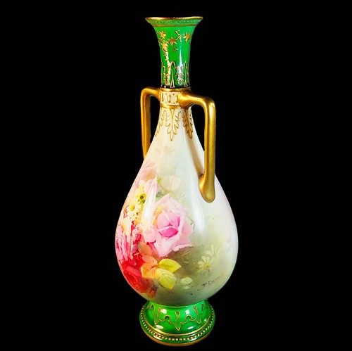 SUPERB ROYAL DOULTON HAND PAINTED & SIGNED TWIN HANDLE VASE by PERCY CURNOCK - Picture 2 of 13