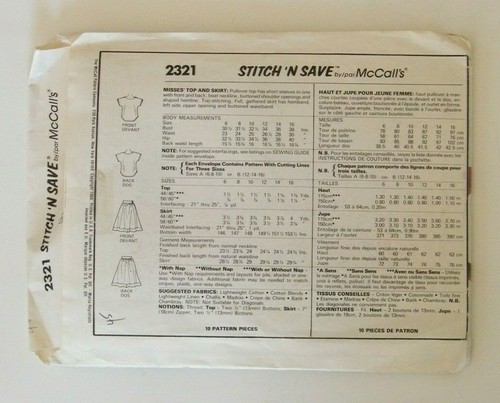 McCalls Stitch N Save 2321 Muster Misses Top Rock Größe A 6 8 10 ungeschnitten Vintage 1986 - Bild 2 von 8