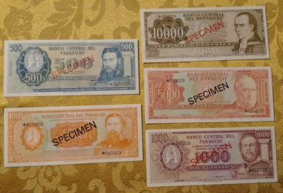 PARAGUAY・100・500・1000・5000・10000グアラニ PARAGUAY 1972 100-10000 GUARANIES Complete 5 Specimen CS1 P