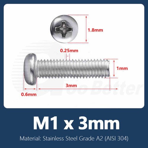 M1 M1.2 M1.4 M1.6 Micro Phillips Pan Head Machine Screw Bolt Stainless Steel A2 - Picture 14 of 35