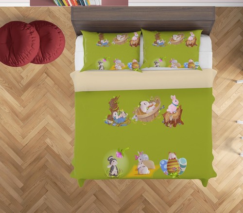 3D Rabbit Easter Egg Kids Green Quilt Cover Set Duvet Cover Bedding Pillowcases - Picture 2 of 6