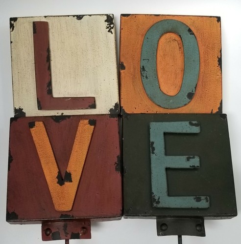rustic colorful square metal coat hooks individual letters spell LOVE - Picture 5 of 12