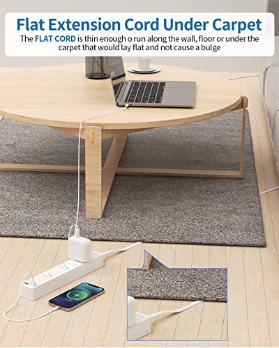 Flat Extension Cord Ultra Thin Flat Extension Cord Under Carpet, Rug, 15 ft - Bild 3 von 7