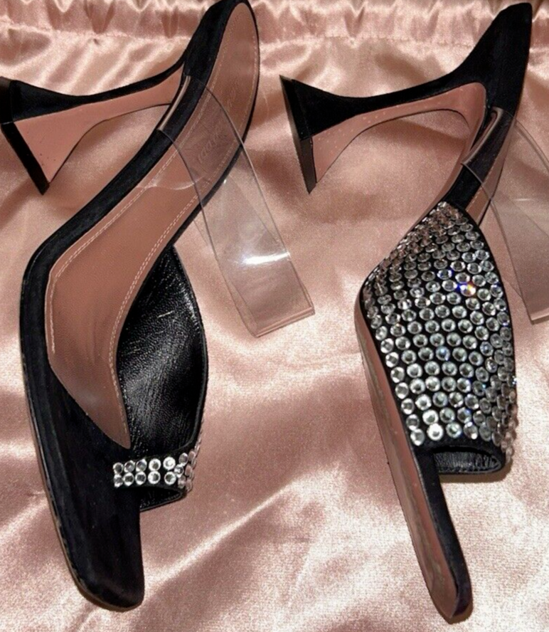 AMINA MUADDI PALOMACRYSTALSLIPPERSATINCITRINE 関税送料込 PRE-OWNED AMINA MUADDI PALOMA CRYSTAL SLIPPER BLACK SATIN