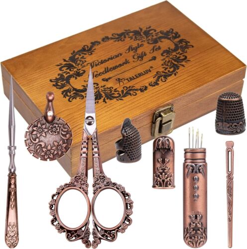 Antique Embroidery Tool Set with Victorian Scissors and Crafting Supplies - Picture 3 of 8
