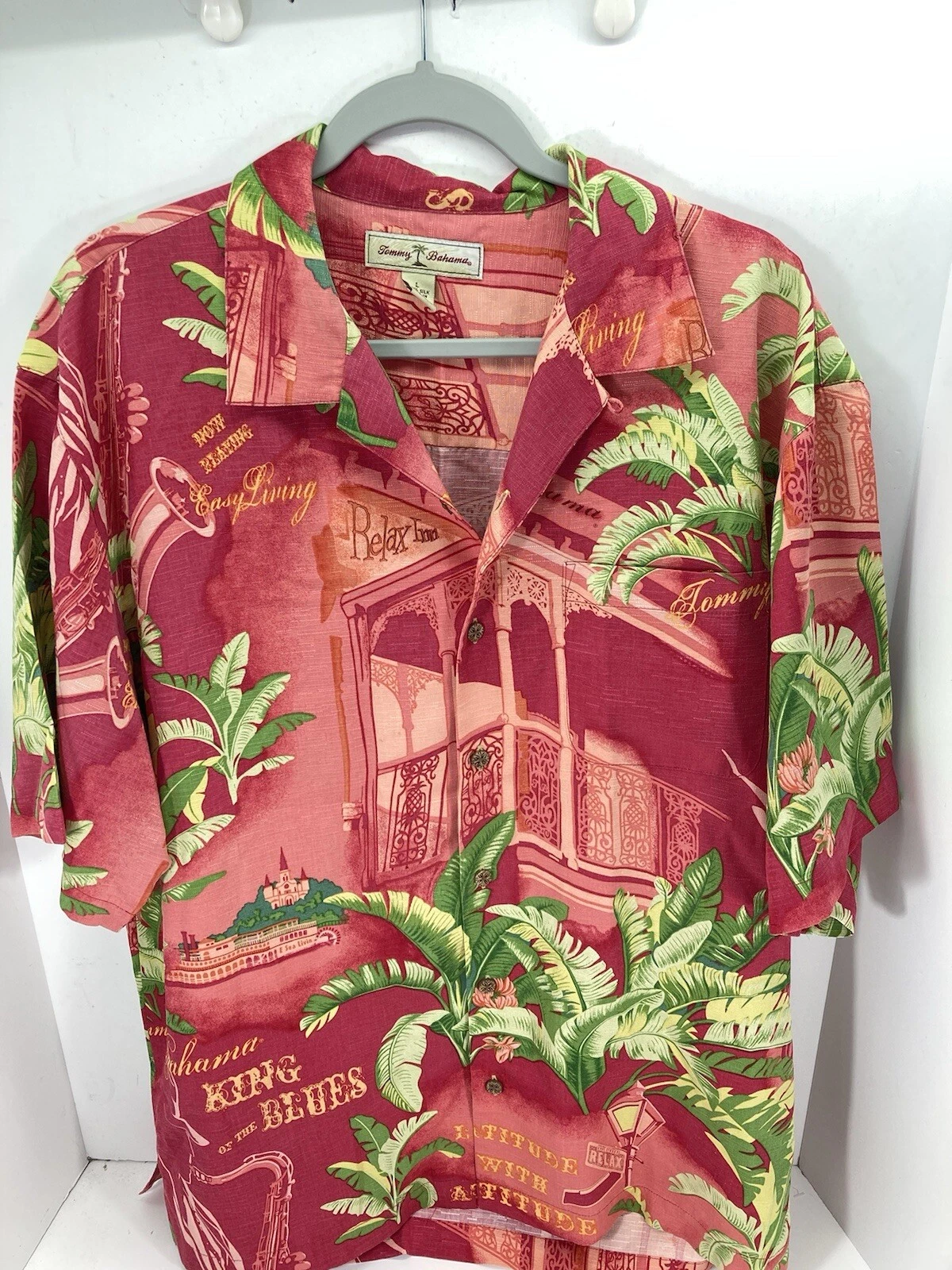 Tommy Bahama Silk Cabana Shirt Men Sz Large Red Floral King of the Blues Button
