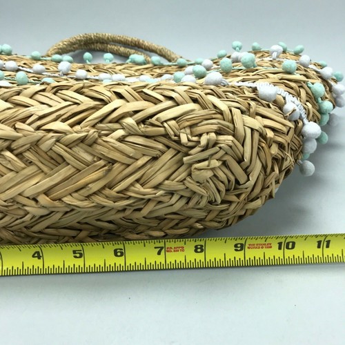 Fallon & Royce Aqua White Pom Pom Beach Vacation Shopping Handbag Straw Basket - Picture 8 of 8