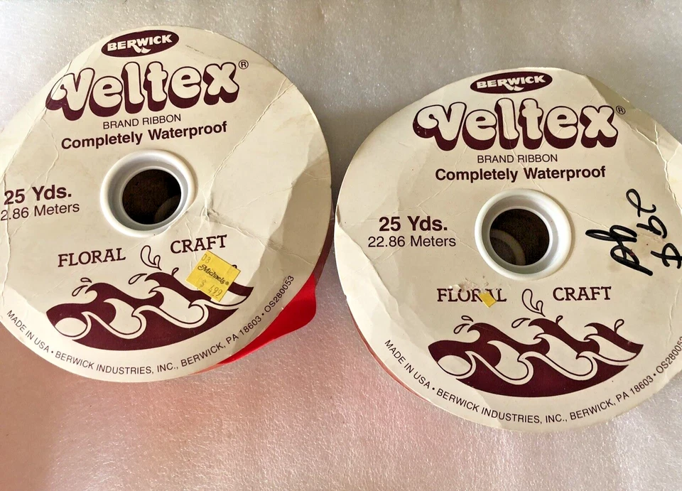 Vtg Berwick Veltex Waterproof Flocked Ribbon Christmas 2 3/4" Red Partial Rolls - Image 3 of 4