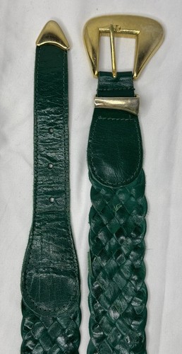 Magid Emerald Green Braided Leather Belt Sz Medium Gold Buckle Made In India - Picture 3 of 7