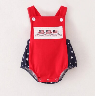 NEW Boutique 4th of July Boys Smocked Embroidered Us Flag Romper