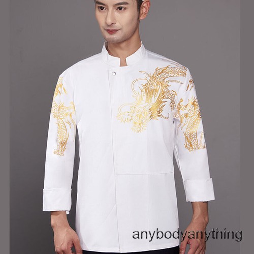 Dragon Printed Stand Collar Long Sleeves Chef Uniform Clothes Coat Work Tunic - Picture 10 of 18
