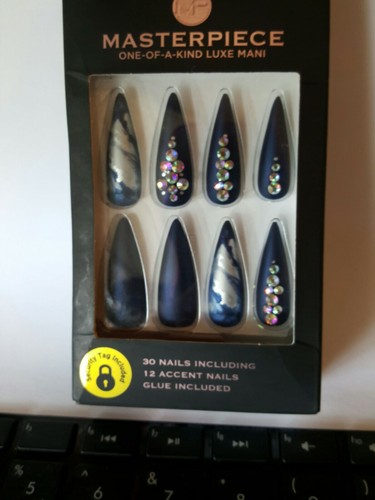Kiss Nails Masterpiece Luxe Glue Manicure XL Gel Stiletto Navy Blue Gems KMN08 - Picture 2 of 4