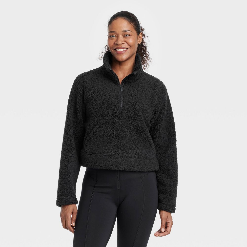 Womens High Pile Fleece 1/2 Zip Pullover - All In Motion Black XS