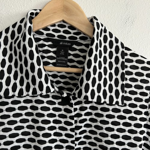 Ali Miles Shirt Women M Black & White Tunic Top Button Front Geo Print Lagenlook - Picture 2 of 10