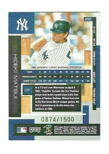 2003 HIDEKI MATSUI RC SP #/1500 PLAYER ABSOLUTE ROOKIE #200 | JAPAN LEAGUE | MT - Picture 2 of 2