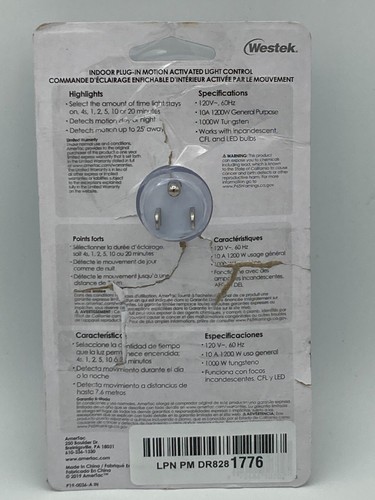 AmerTac MLC4BC Westek Indoor Plug-in Motion Activated Light Control – White - Picture 4 of 5