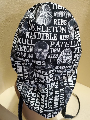 Bones Ortho Neuro Halloween Women's Ponytail Surgical Scrub Hat/Cap Handmade - Picture 6 of 7