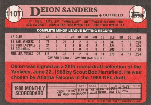 Deion Sanders 1989 Topps Traded #110T - Rookie - New York Yankees - Picture 2 of 2