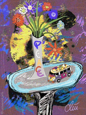 JACQUELINE DITT - Flower Power ltd.sign.Original Druck Grafik Peace Hippie Bulli - Bild 1 von 3