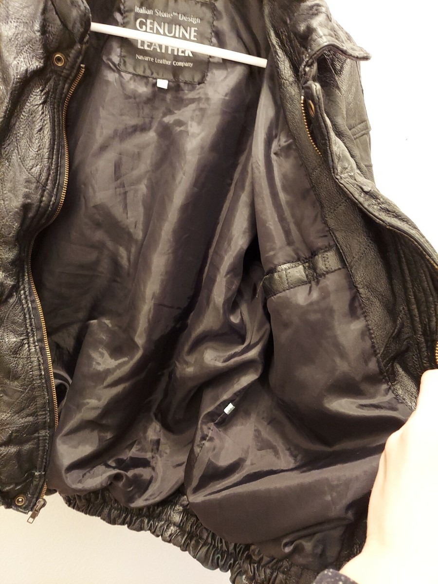 Italian Stone Design Genuine Leather Black Large Coat With Zip up Pockets Womens