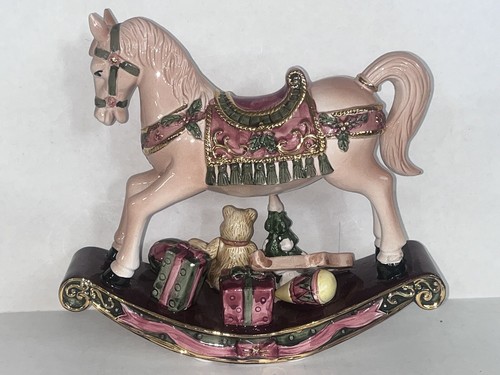 Vintage Weihnachten Schaukelpferd Porzellan mit Teddybär handbemalt 9x8 Zoll - Bild 9 von 12