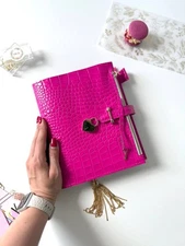 HotPink Leather notebook cover A5 big binder 6 rings. Leather planner binder A5.