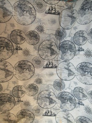 David Textiles Designer Lula Bijoux SHIP MAP OF THE WORLD  COTTON FABRIC 27''X36