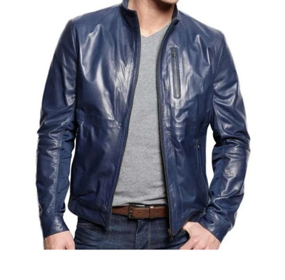 Leather Jacket Men's Classic Biker Motorcycle Bomber Men Racer Soft Zip Blue 35