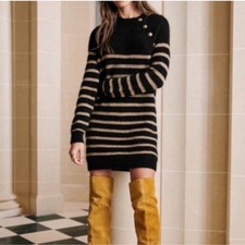 Sezane Sweater Dress Tessa Mini in Gold Black Striped S