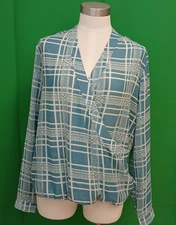 Cabi Top Medium Blue Plaid Wrap-Front Long Sleeve Blouse Women's