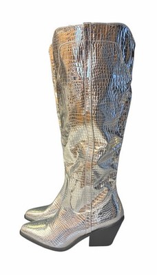 Women s 38 Metallic Silver Knee-High Snake Print Block Heel Boots Size 8 NWOB
