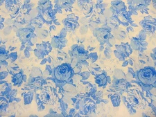 Cotton Quilt Fabric Blue Floral Flowers Cabbage Roses 1yd x 44"