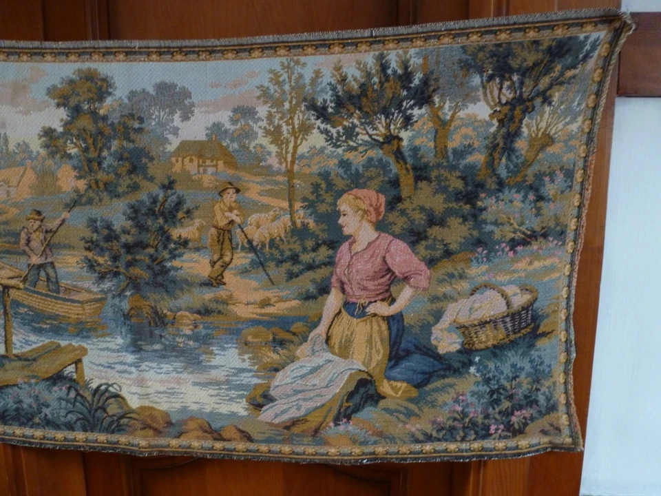 TAPISSERIE ANCIENNE MECANIQUE SCENE CAMPAGNARDE LAVANDIERES BERGER RIVIERE - Photo 3/4