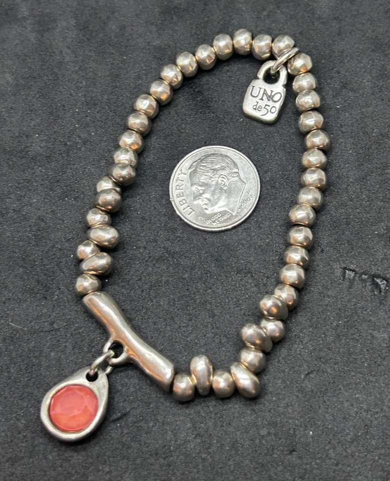 Uno De 50 Handcrafted In Spain Pink Crystal Bead Silver Stretch Bracelet 18.93g Foto 2 de 3