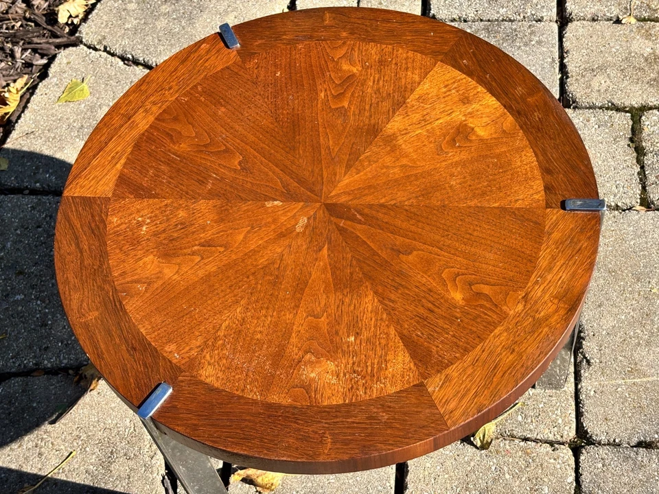 Mid-Century Modern LANE Round Side Table Walnut Veneer Top w/Chrome Legs - Image 2 of 4