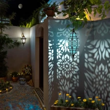 Blue Moroccan Solar Lantern Patio Hanging Light Outdoor Warm Glow Garden Décor
