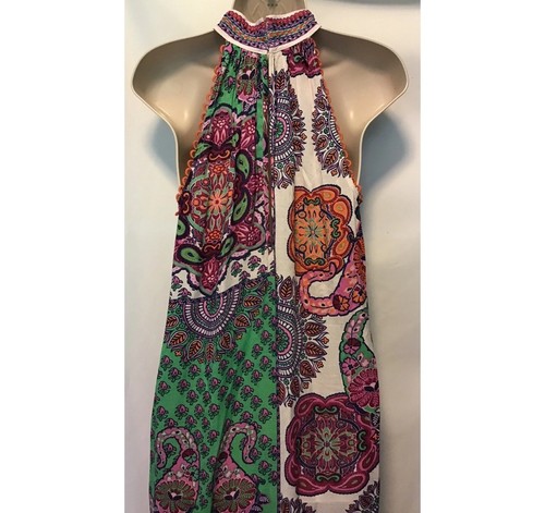 New Next Size 10 Pink Green Floral Paisley Embellished Neck Maxi Dress Summer - Picture 9 of 13