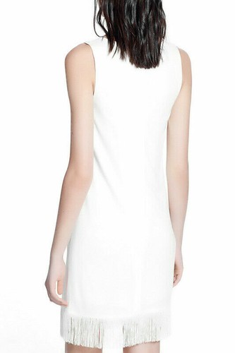 Mango White V neck Sleeveless Fringe Hem Dress Size M UK 10 - Picture 2 of 7