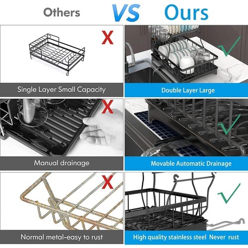 2 Tier Over The Sink Dish Drying Rack Stainless Steel Kitchen Dish Drainer Black - Picture 7 of 9