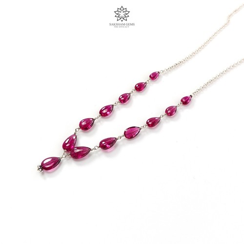34.35Ct Natural Rubellite Tourmaline Gemstone Plain Silver Chain Necklace 20" - Picture 6 of 10
