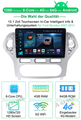 8 Kerne 4+64G Android14 Autoradio GPS NAV CarPlay Für Ford Mondeo MK4 2007-2010 - Bild 2 von 12