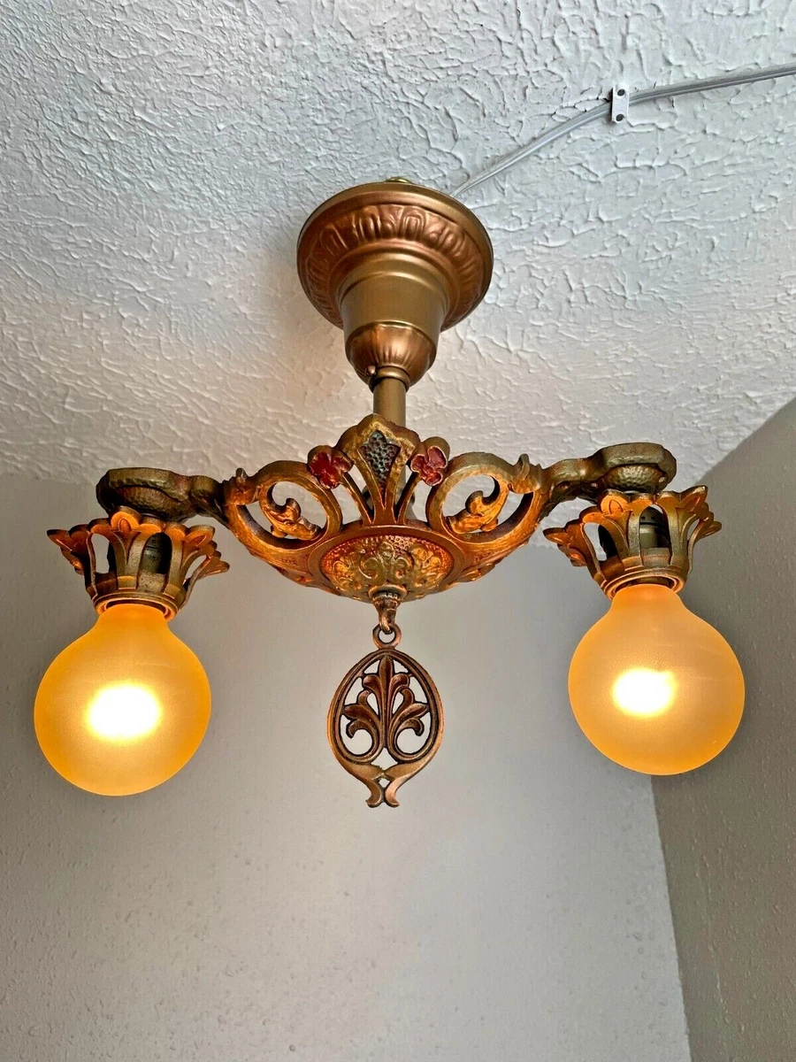 1930s Cast Metal 2 Light simi Flush Mount Light Fixture