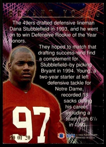 1994 Ultra First Rounders #20 Bryant Young HOF ROOKIE INSERT San Francisco 49ers - Bild 2 von 3