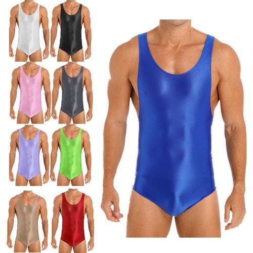 Mens Glossy Sleeveless Bodysuit Leotard Stretchy Jumpsuit Wrestling AU - Picture 2 of 81